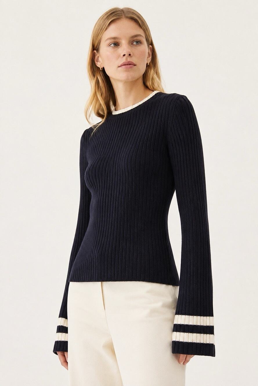 The Cashmere Project 100% Cashmere Ribbed Sweater Black Bell Sleeve Large